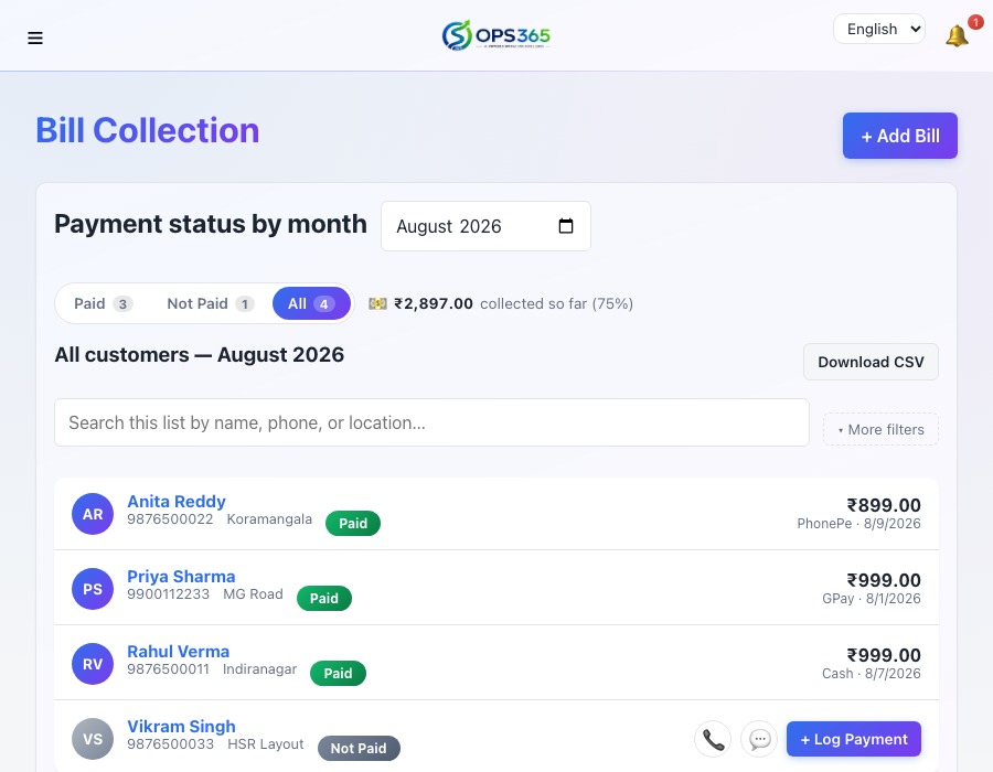 Bill Collection screen showing monthly payment status and a payment record