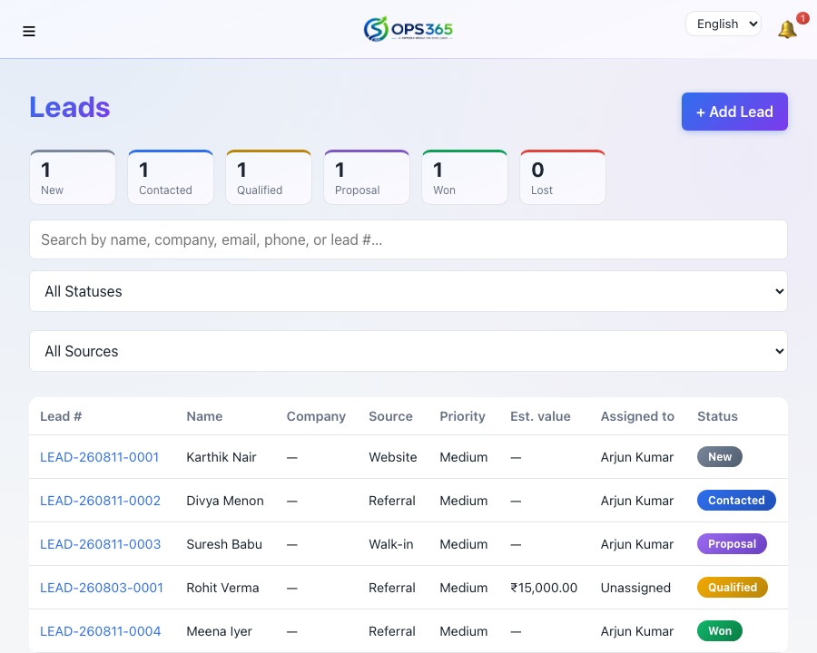 Leads pipeline showing a lead moving through New, Contacted, Qualified stages