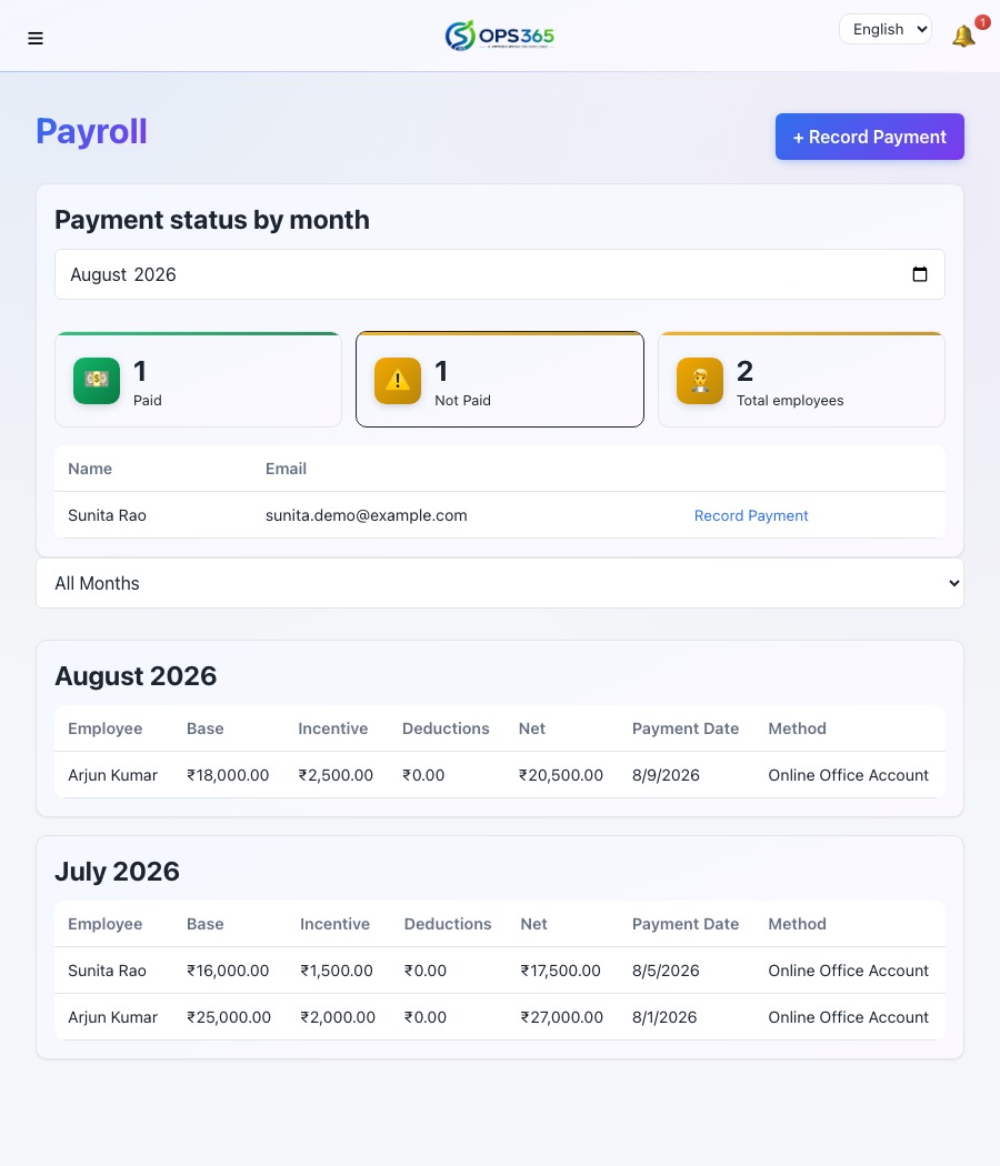 Payroll screen showing an employee's base salary, incentive, and net payment