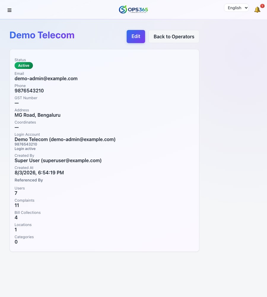 Operator profile screen showing business details and usage counts