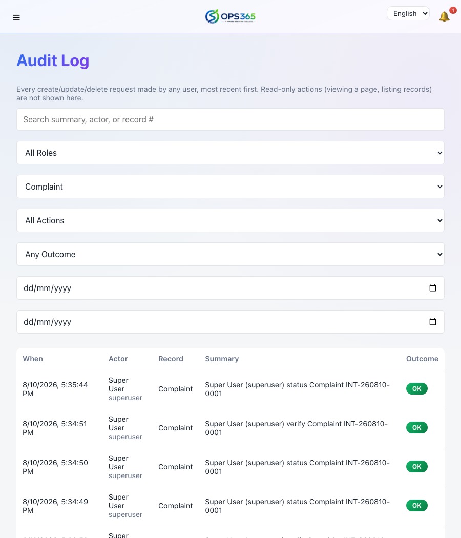 Audit Log screen showing filterable, timestamped records of every action